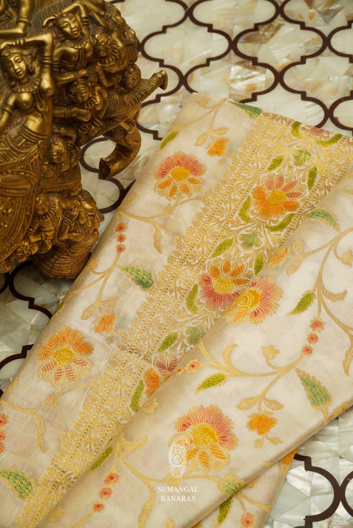 Handwoven Off-White Pure Silk Meenakari Jaal Saree