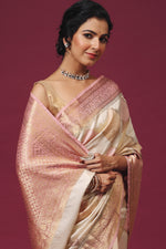 Handwoven Geometrical Off-White Katan Silk Saree