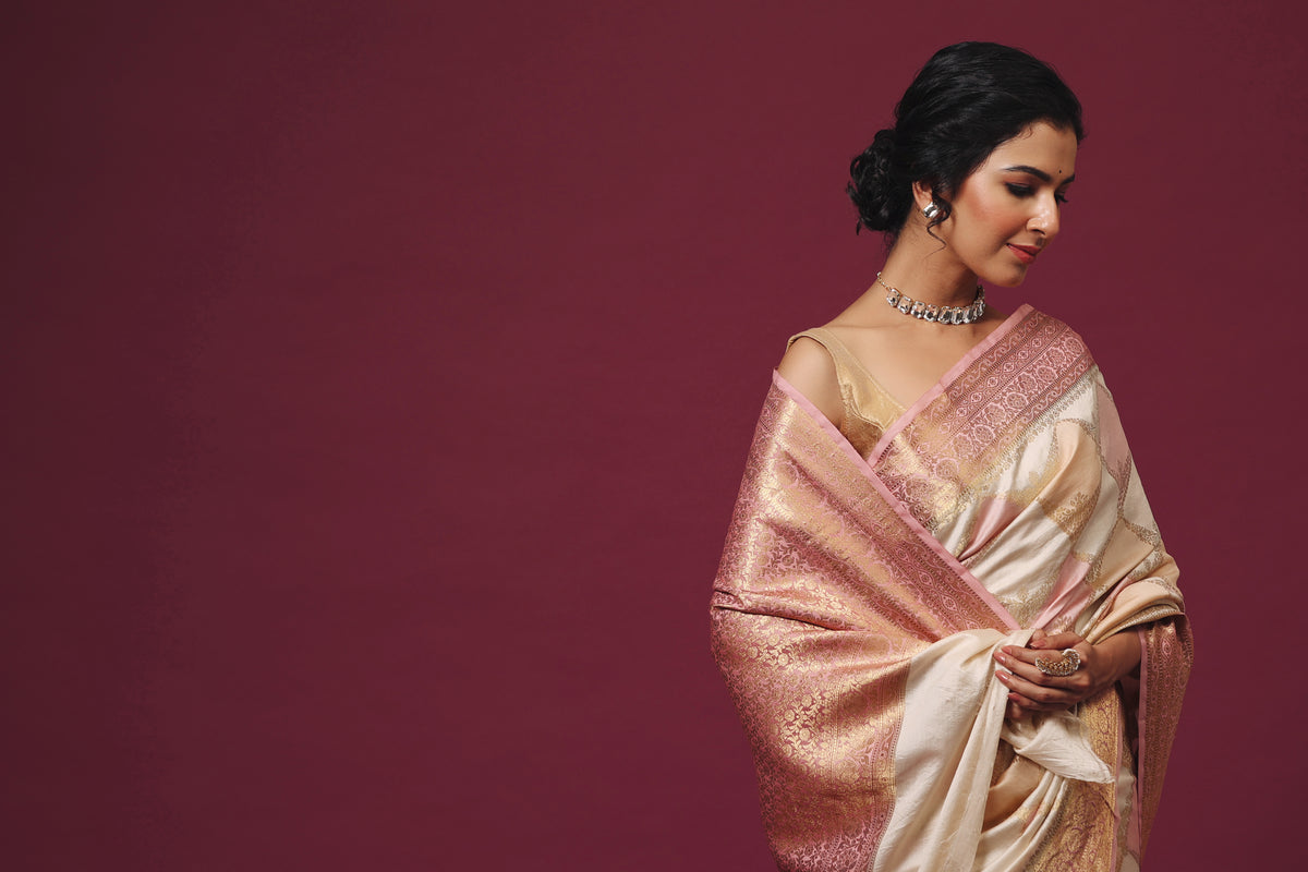 Handwoven Geometrical Off-White Katan Silk Saree