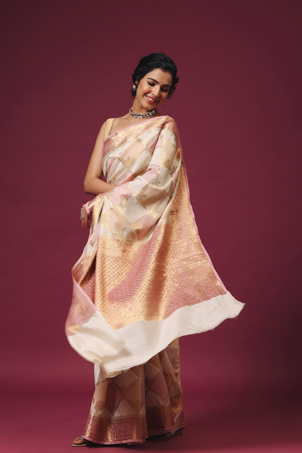 Handwoven Geometrical Off-White Katan Silk Saree