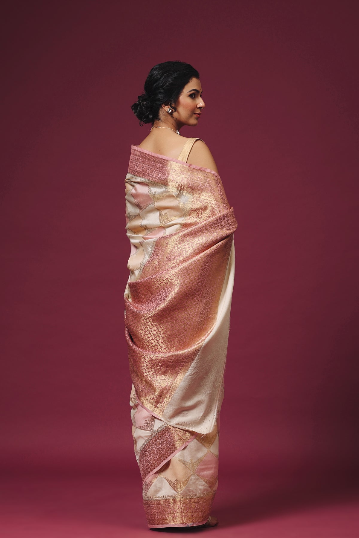 Handwoven Geometrical Off-White Katan Silk Saree