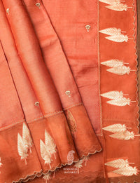 Handwoven Coral Peach Tussar Silk Saree