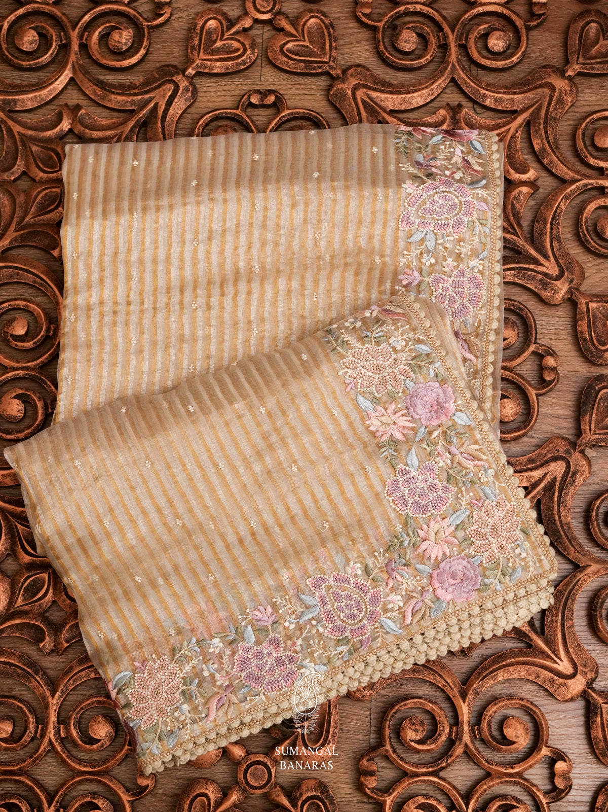 Gold Hue Breezy Organza Embellished Saree