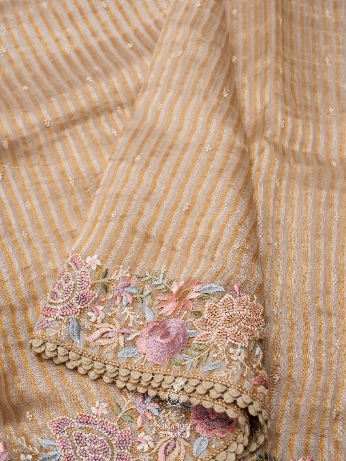 Gold Hue Breezy Organza Embellished Saree