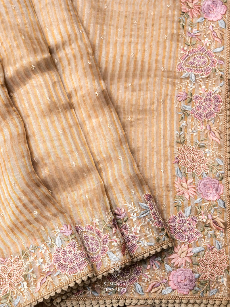 Gold Hue Breezy Organza Embellished Saree