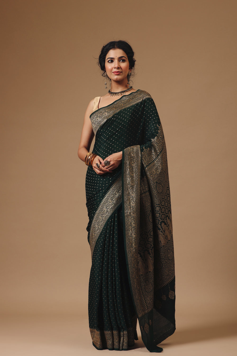 Handwoven Banarasi Crepe Khaddi Classic Bottle Green Saree