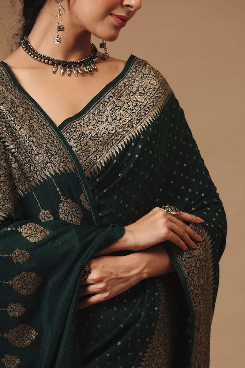 Handwoven Banarasi Crepe Khaddi Classic Bottle Green Saree