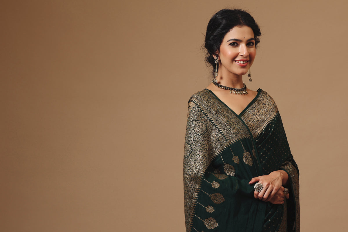 Handwoven Banarasi Crepe Khaddi Classic Bottle Green Saree