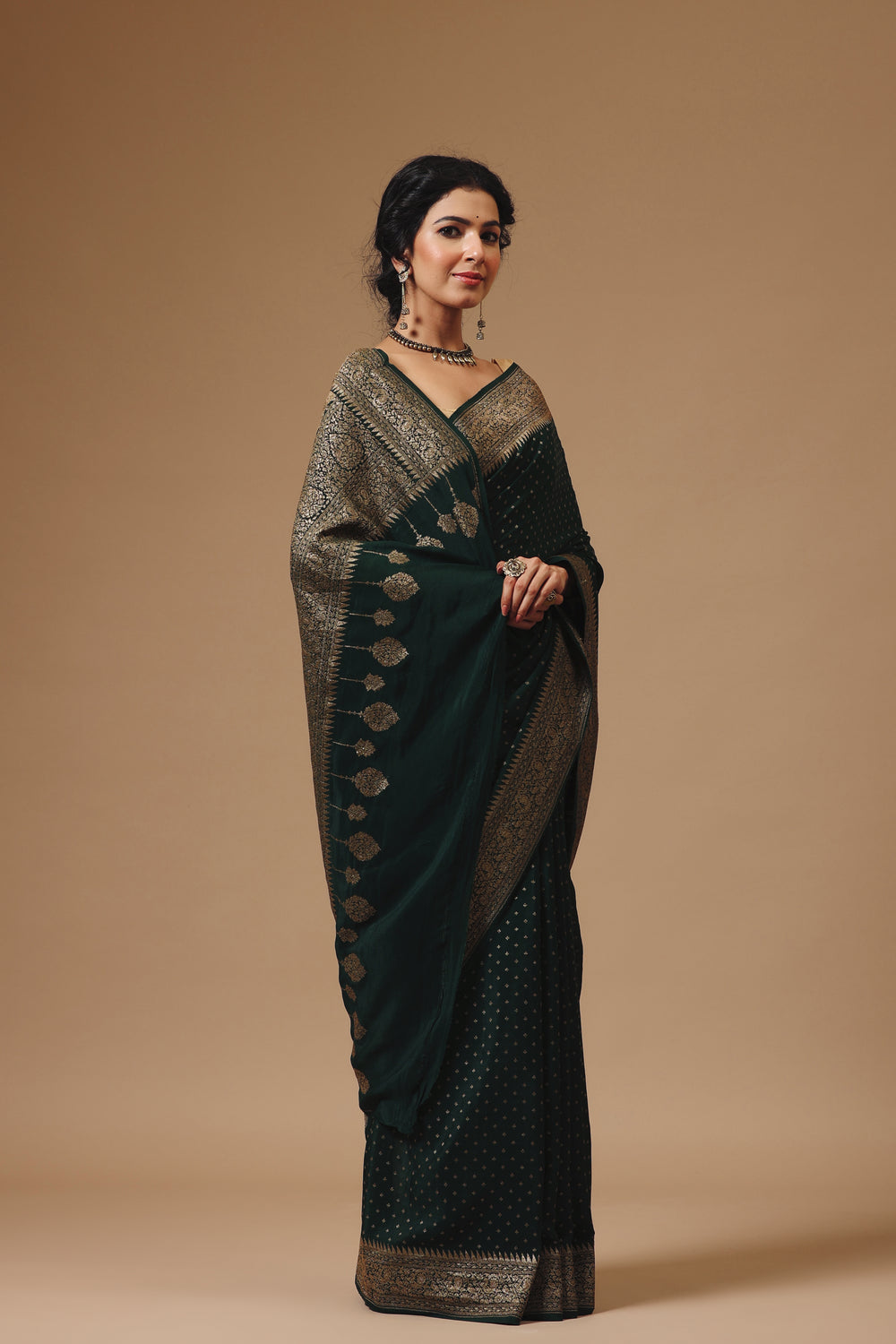 Handwoven Banarasi Crepe Khaddi Classic Bottle Green Saree
