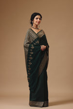 Handwoven Banarasi Crepe Khaddi Classic Bottle Green Saree