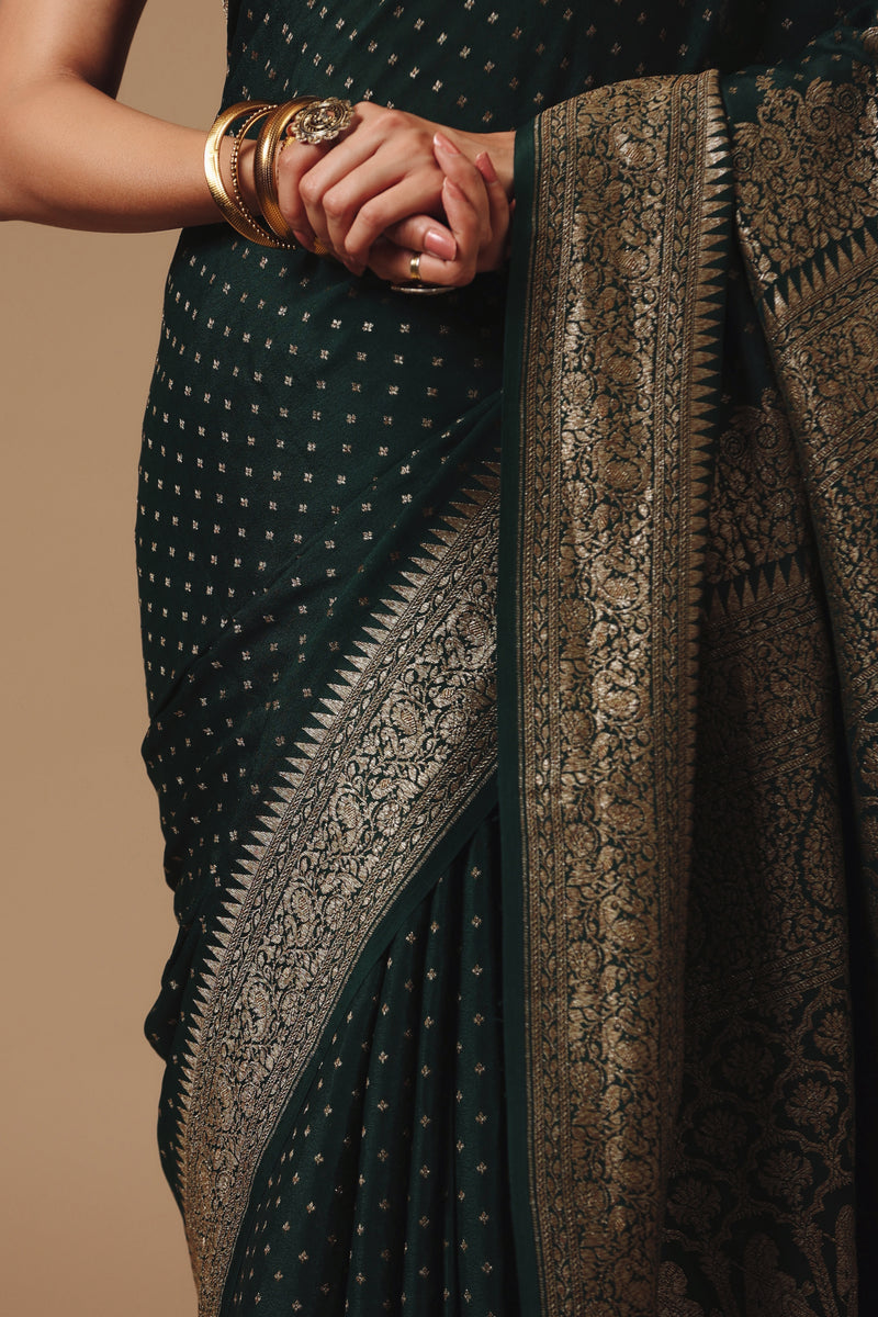 Handwoven Banarasi Crepe Khaddi Classic Bottle Green Saree