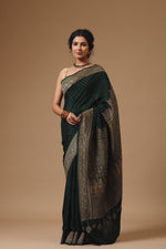 Handwoven Banarasi Crepe Khaddi Classic Bottle Green Saree
