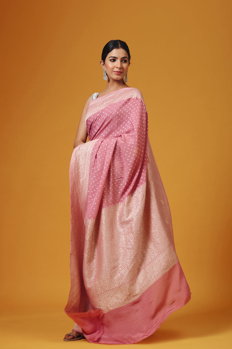 Handwoven Banarasi Crepe Khaddi Onion Pink Saree