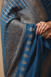 Handwoven Banarasi Crepe Khaddi Teal Blue Saree