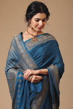 Handwoven Banarasi Crepe Khaddi Teal Blue Saree