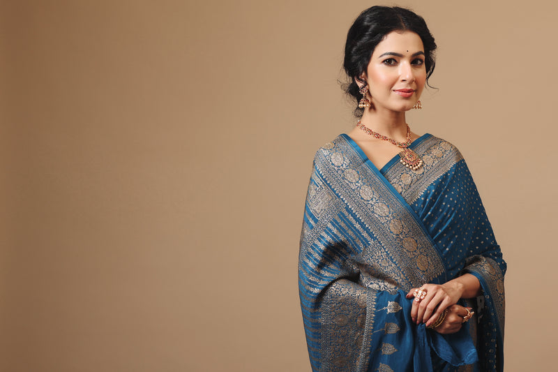 Handwoven Banarasi Crepe Khaddi Teal Blue Saree