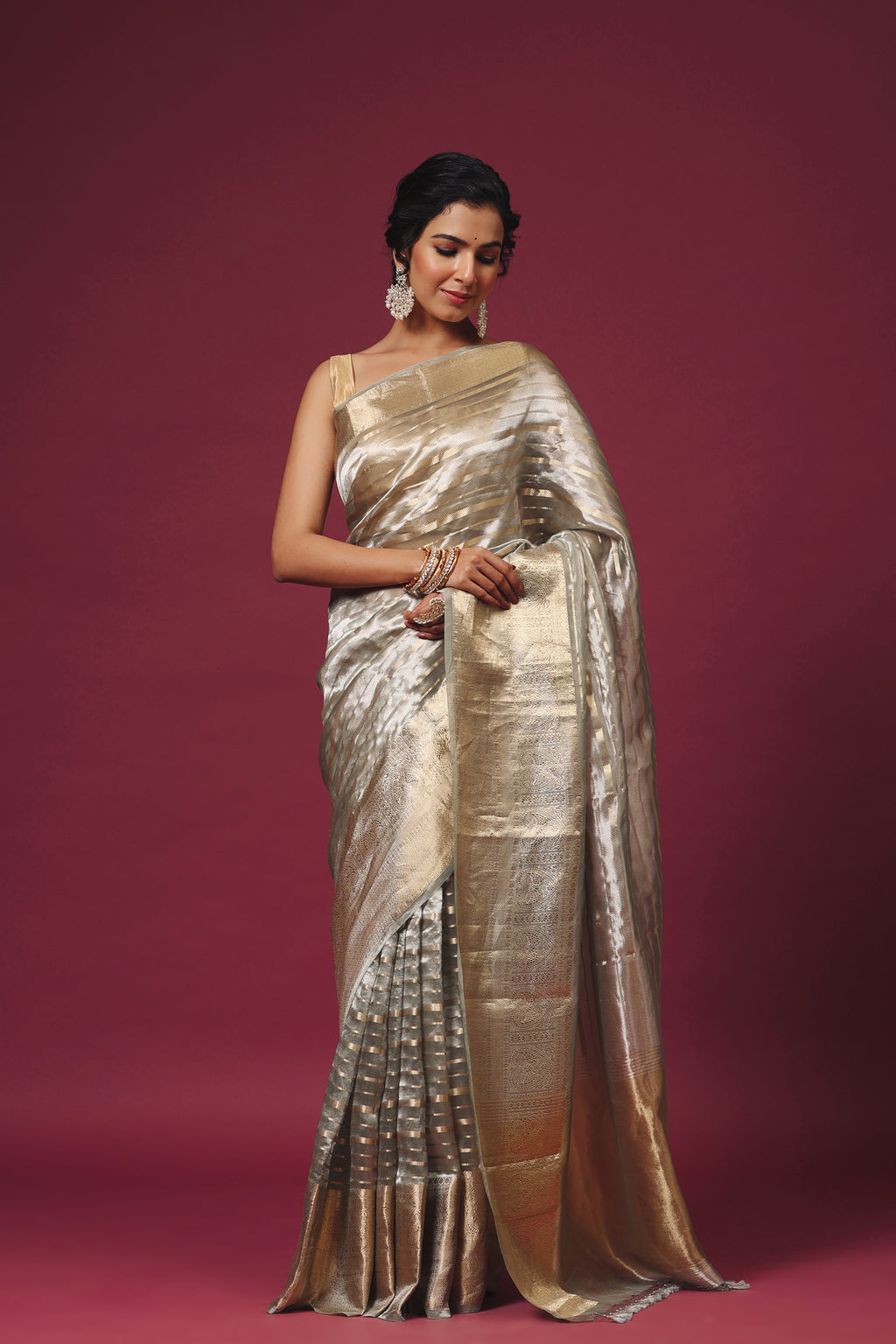 Handwoven Silver Tissue Silk Saree