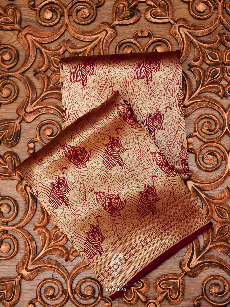 Handwoven Wine Gold Shikargah Katan Silk Saree