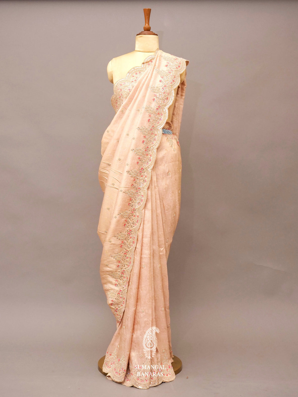 Peach Color Zardozi Tissue Organza Saree