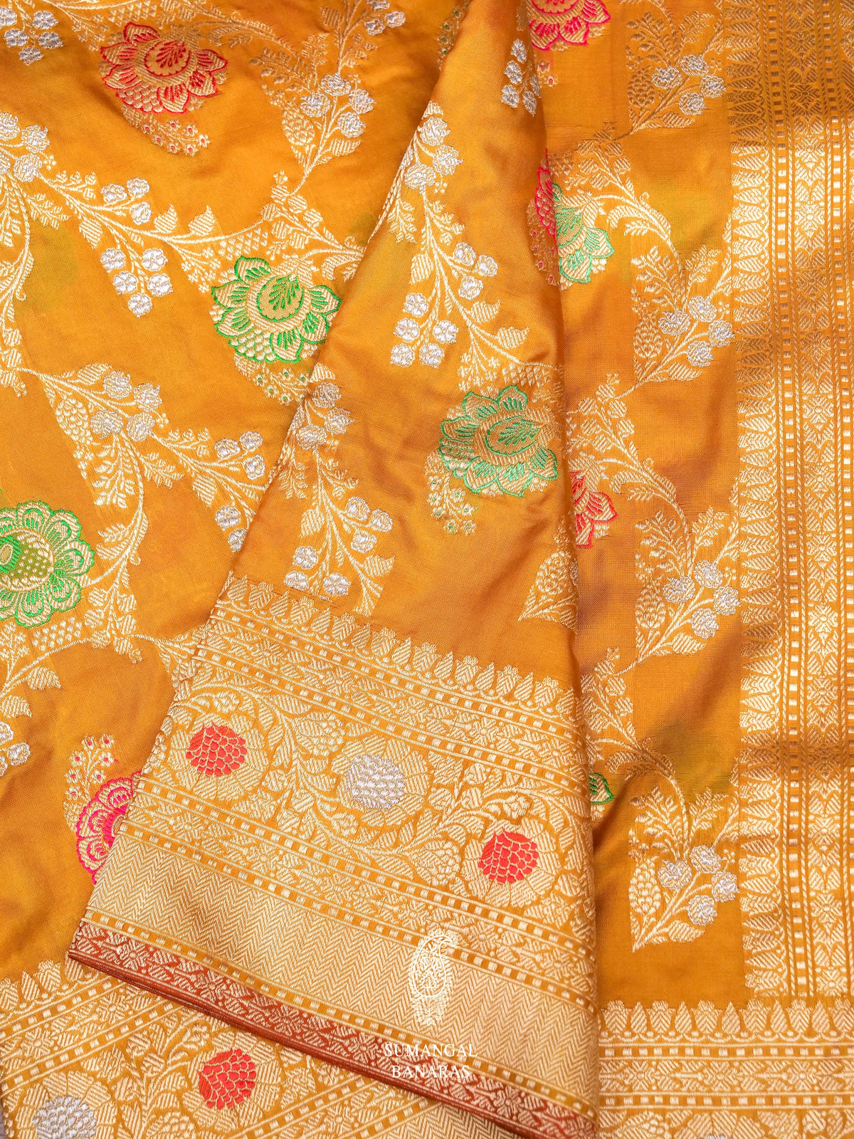 Handwoven Meenakari Mustard Yellow Katan Silk Jaal Saree