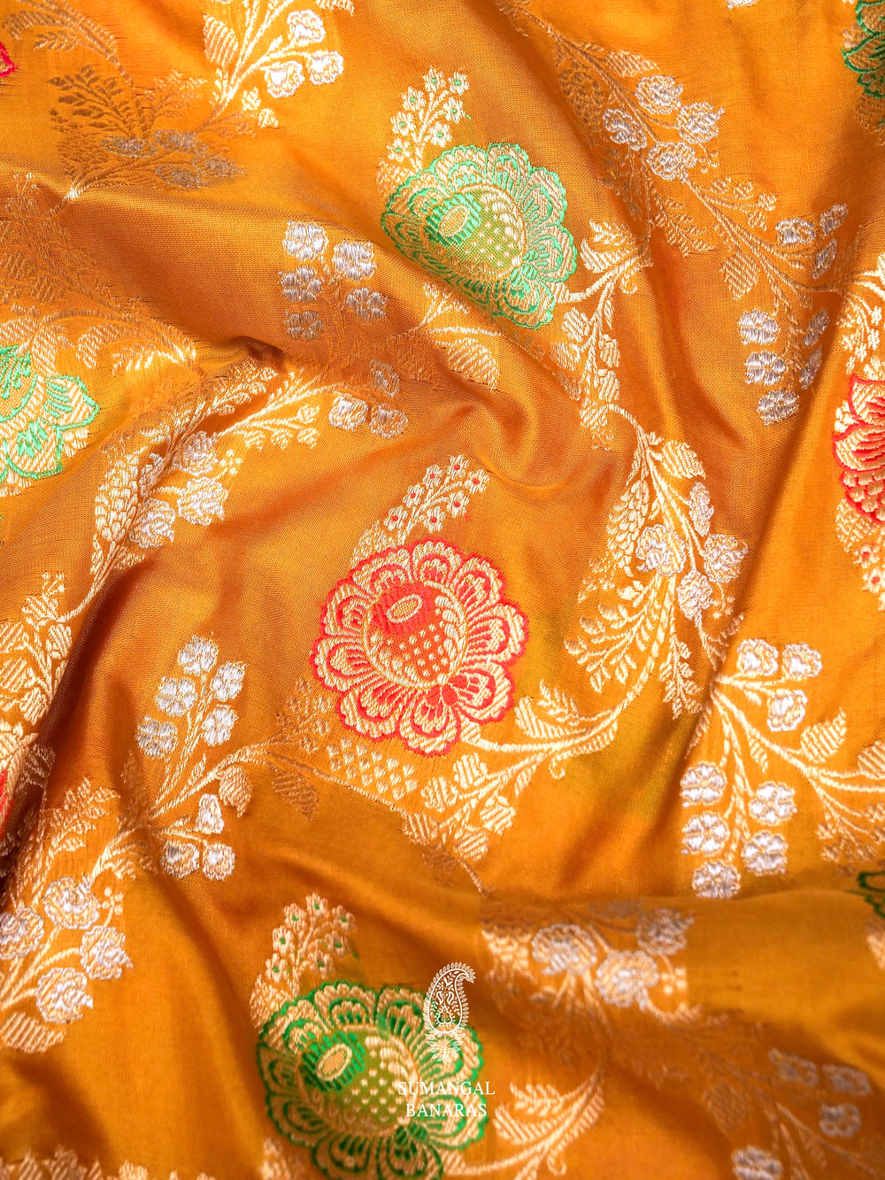 Handwoven Meenakari Mustard Yellow Katan Silk Jaal Saree