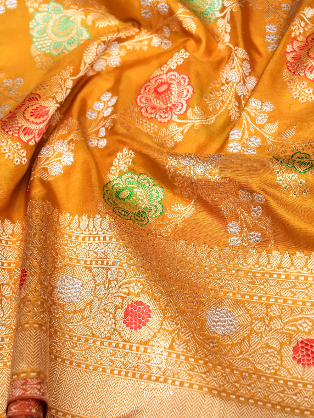 Handwoven Meenakari Mustard Yellow Katan Silk Jaal Saree