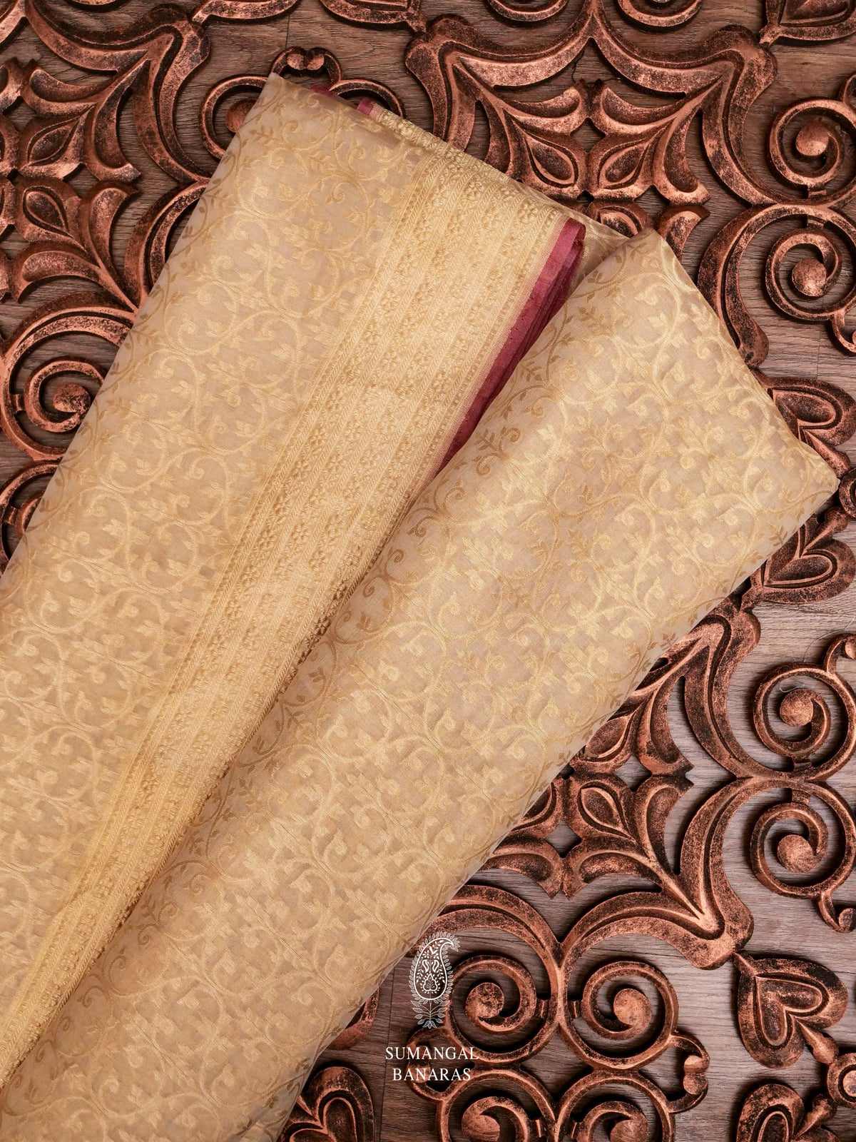 Handwoven Banarsi Muted Gold Kora Silk Saree