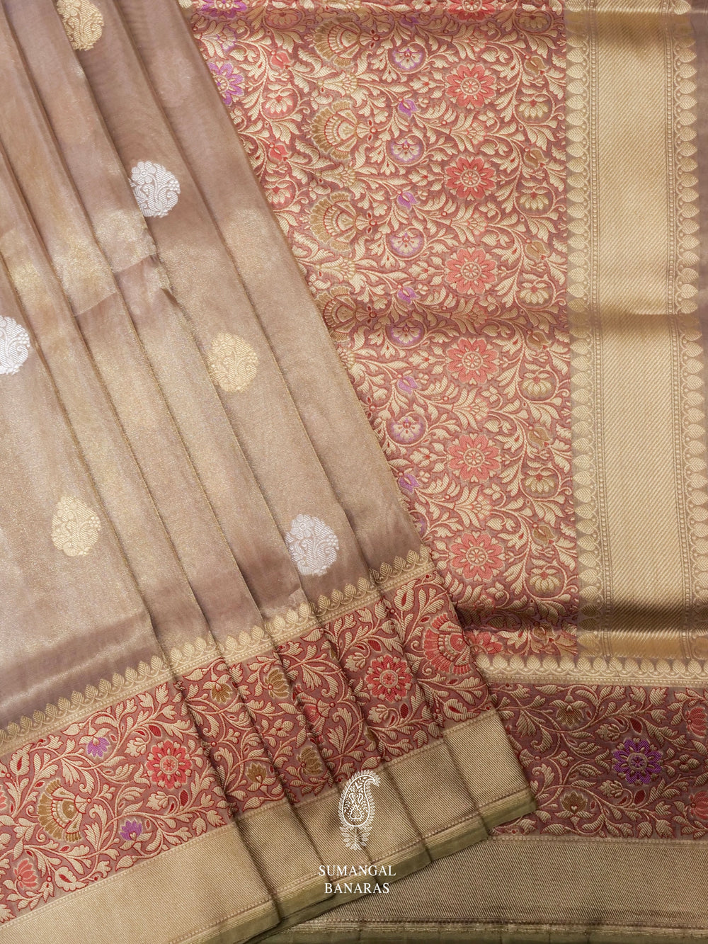 Handwoven Muted Grey Banarsi Tissue Silk Saree