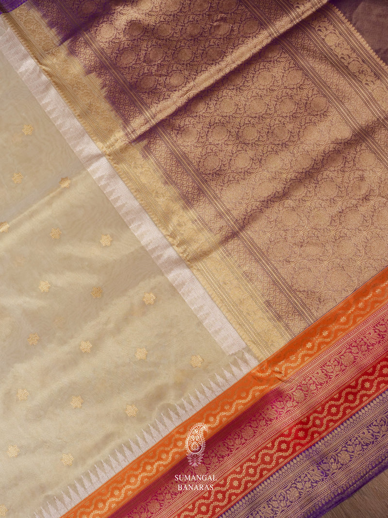 Handwoven Neutral Beige Banarsi Tissue Silk Saree