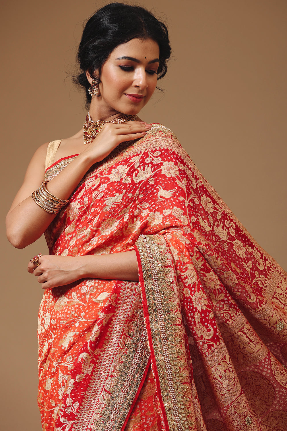 Rust Orange Georgette Khadi Saree