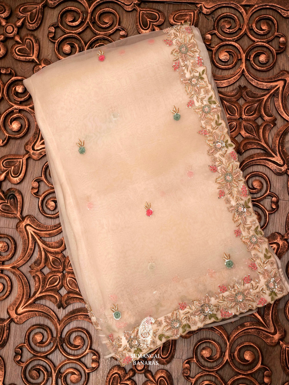 Peach Zardozi Organza Saree