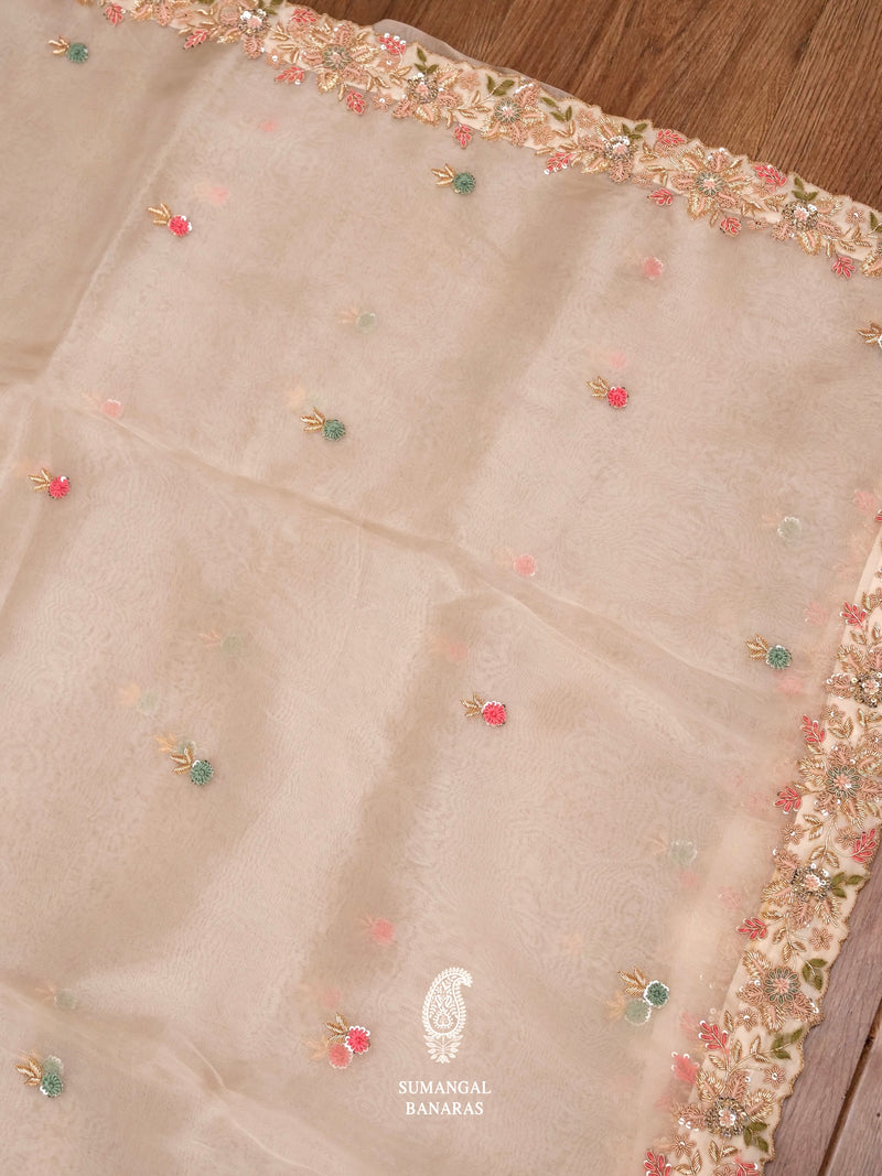 Peach Zardozi Organza Saree