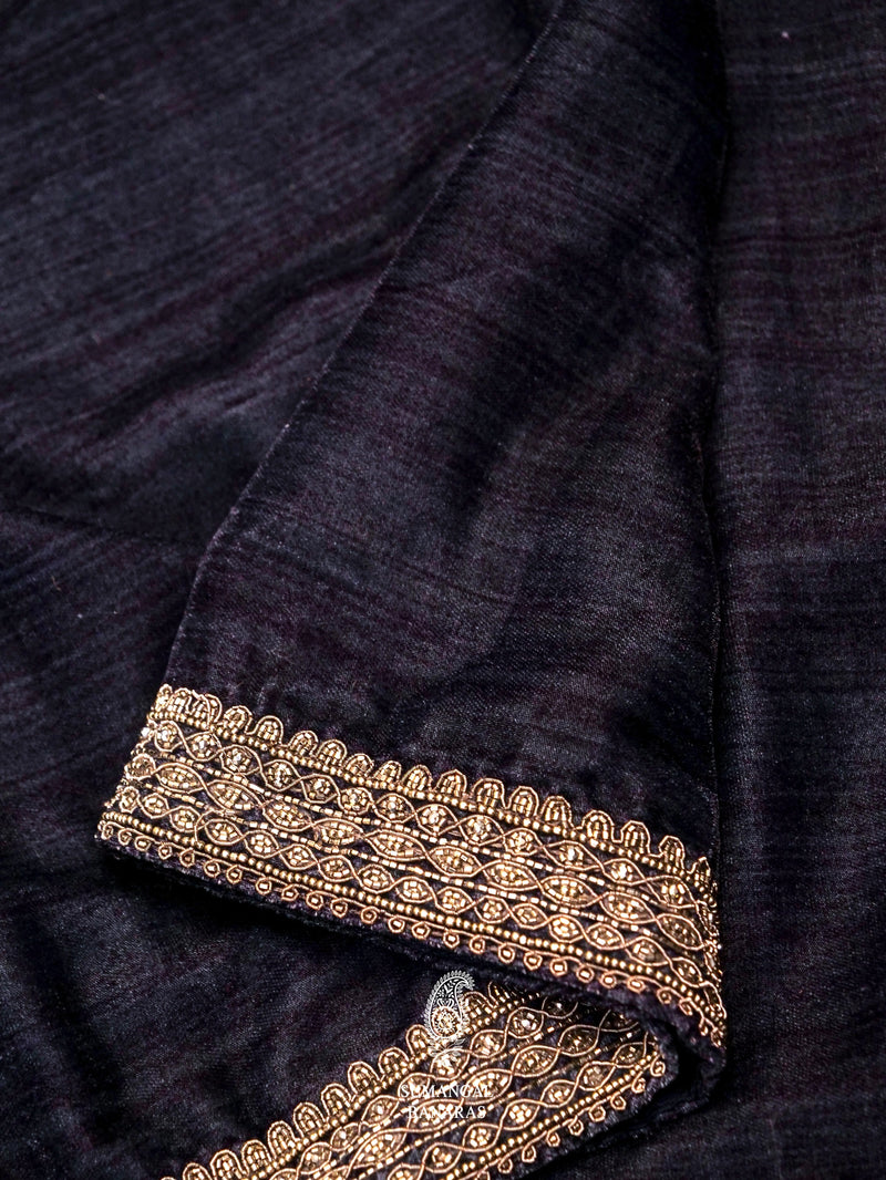 Navy Blue Velvet Embellished Saree