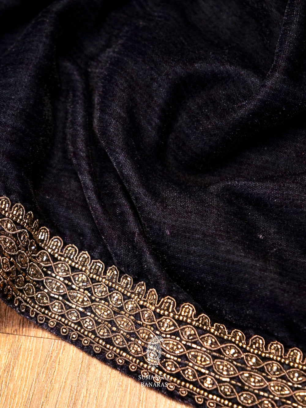 Navy Blue Velvet Embellished Saree