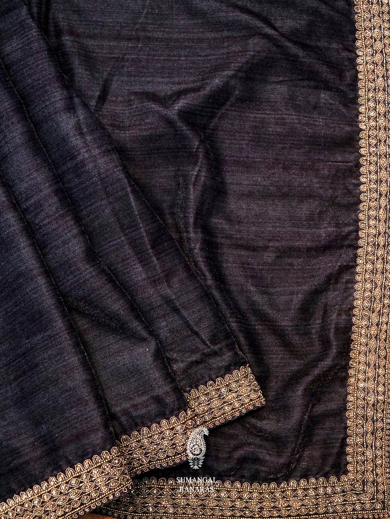 Navy Blue Velvet Embellished Saree