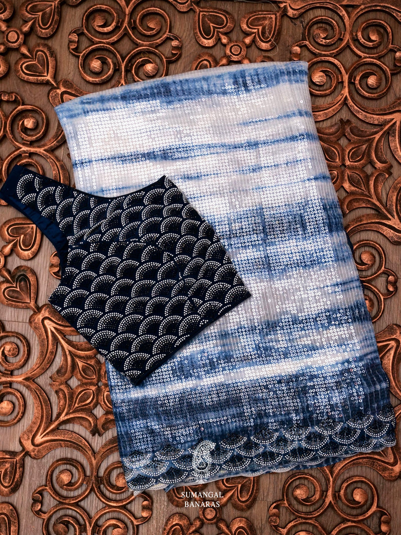 Ocean Blue Sequins Georgette Saree