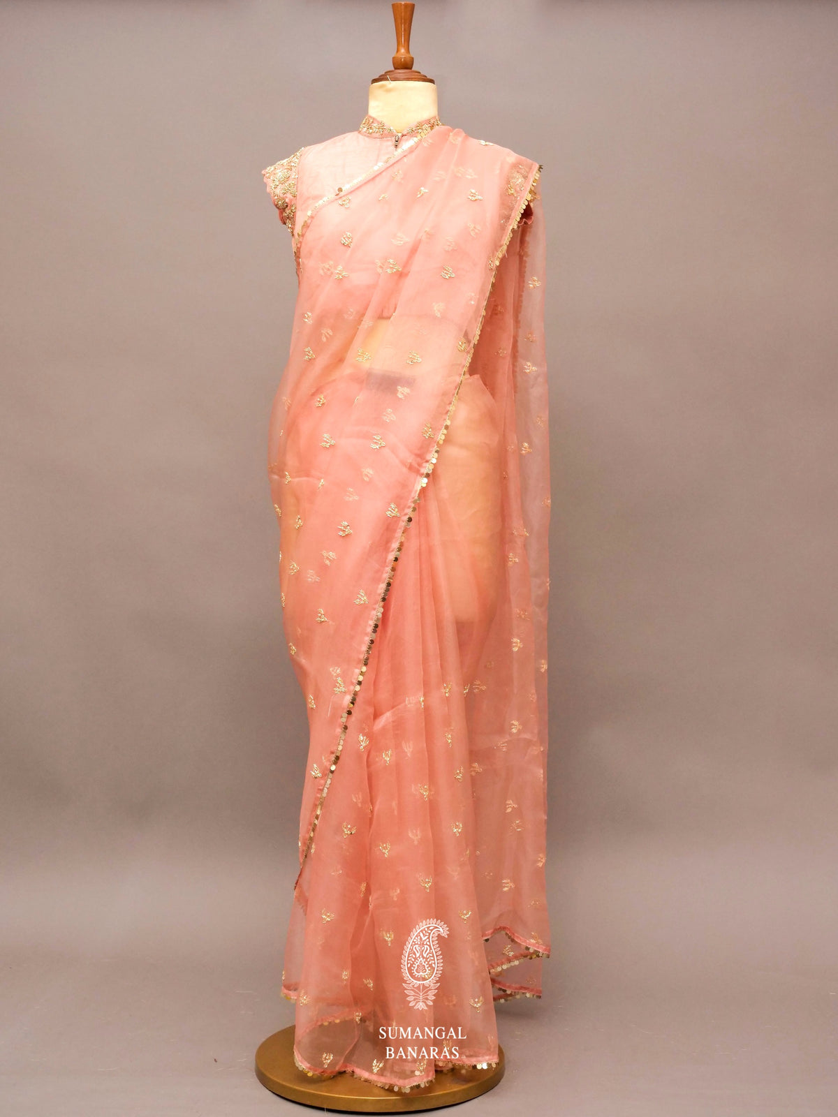 Peach Orange Zardozi Organza Saree