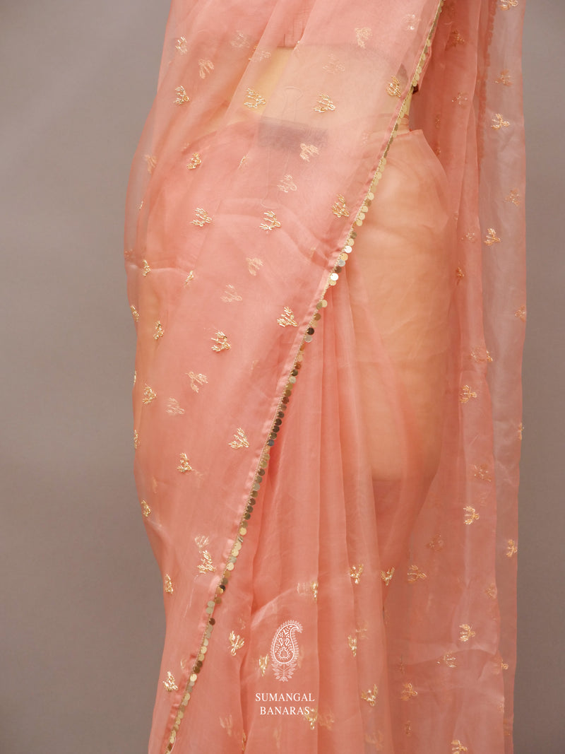 Peach Orange Zardozi Organza Saree