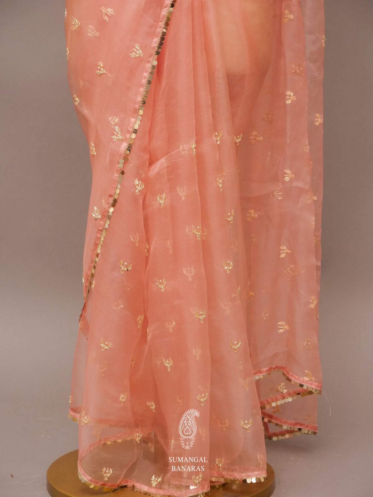 Peach Orange Zardozi Organza Saree