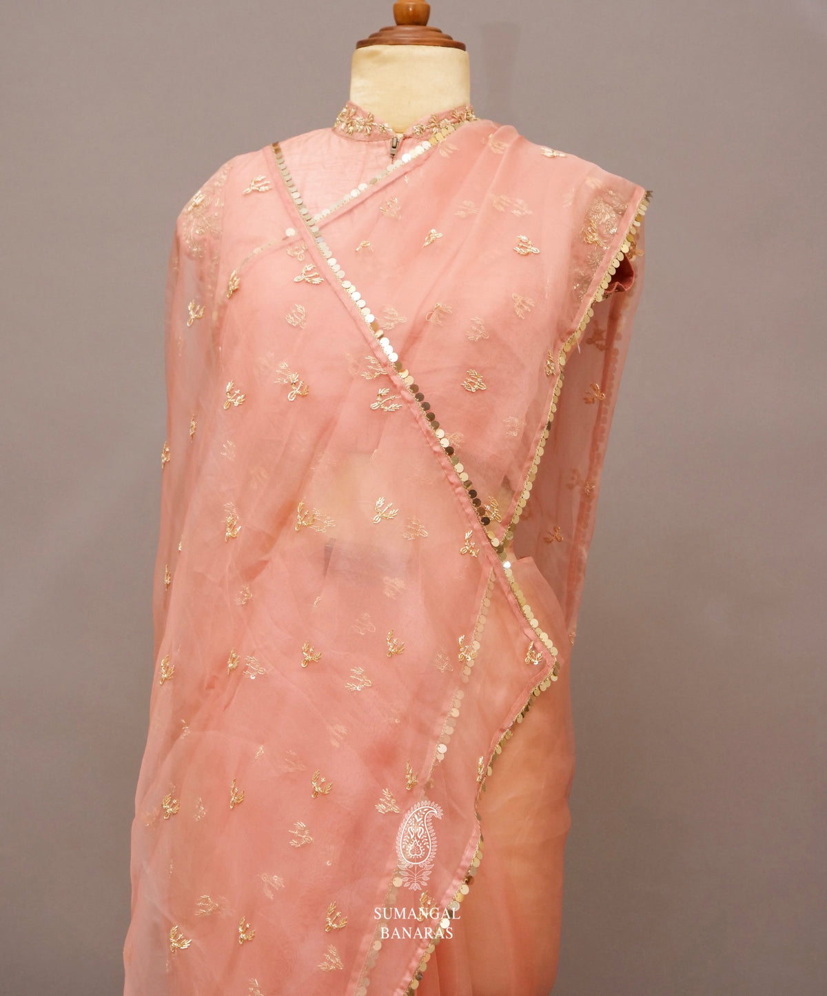Peach Orange Zardozi Organza Saree