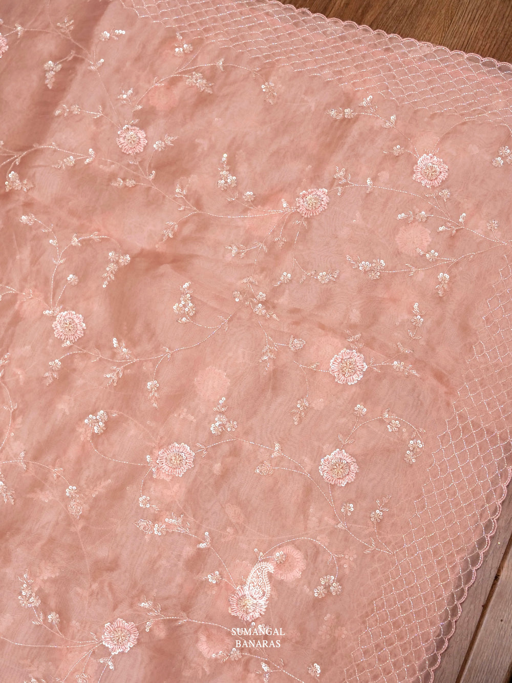 Salmon Pink Sequins Resham Organza Saree