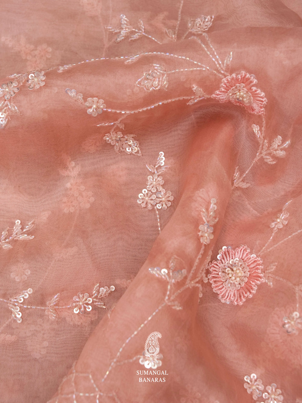 Salmon Pink Sequins Resham Organza Saree