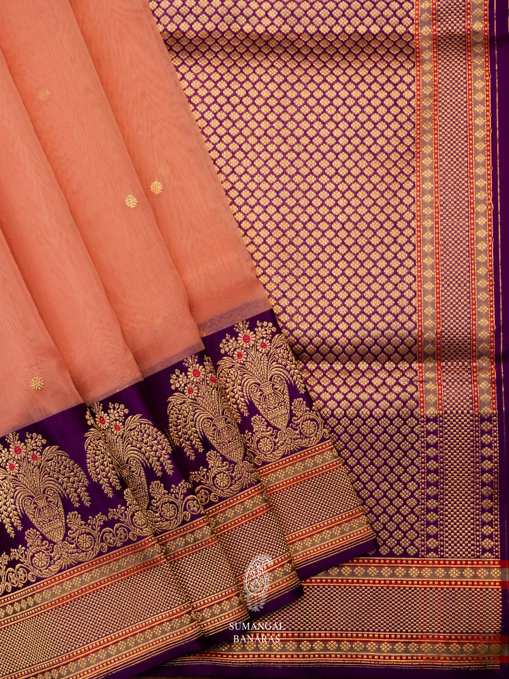 Handwoven Peach Kora Silk Saree