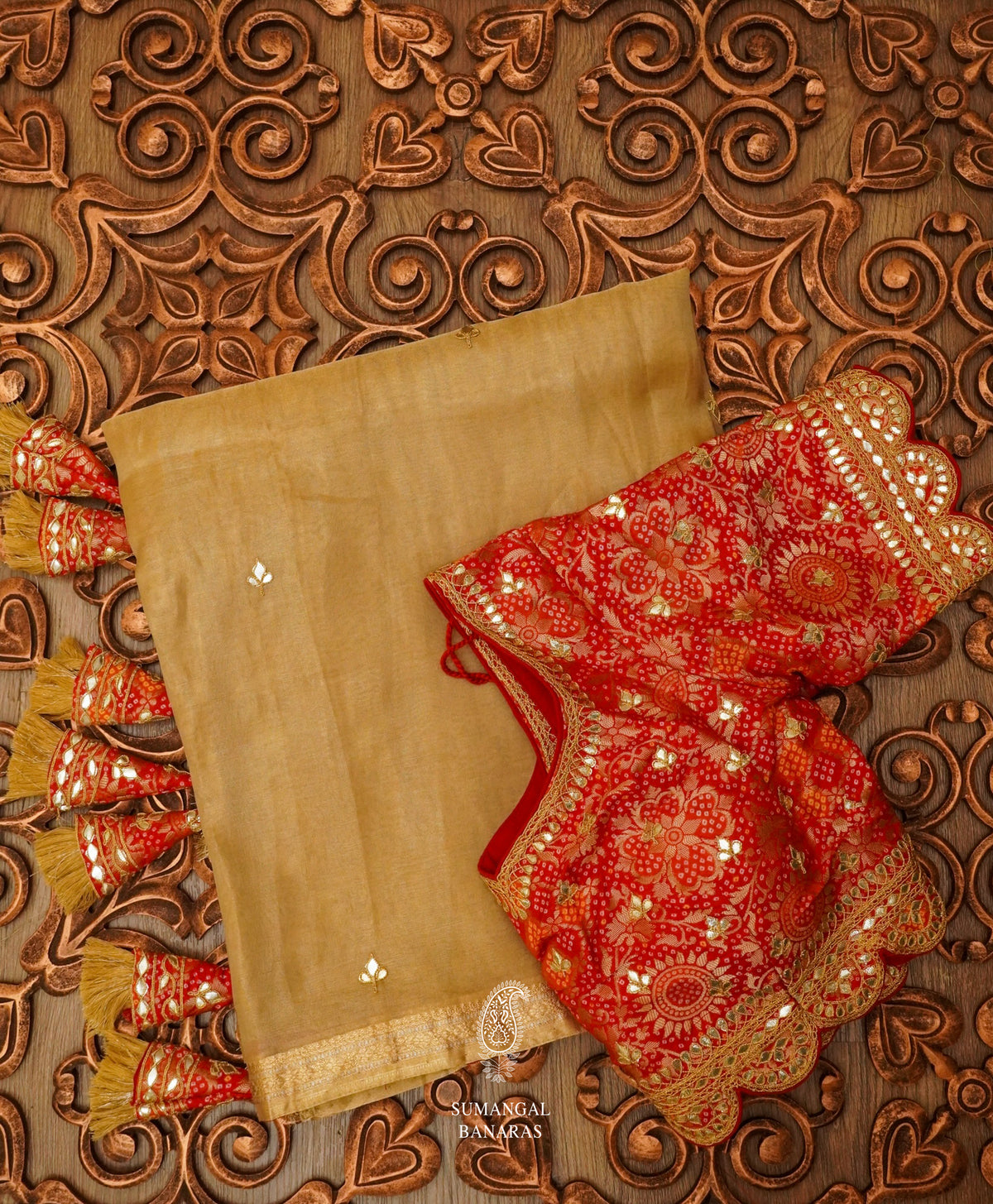 Golden Yellow Handwoven Tissue Silk Saree And Red Blouse With Gota Patti And Bandhani Work