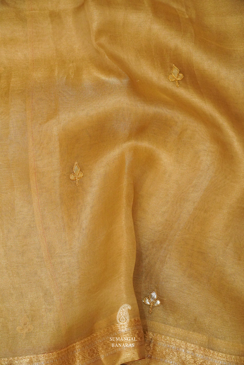 Golden Yellow Handwoven Tissue Silk Saree And Red Blouse With Gota Patti And Bandhani Work