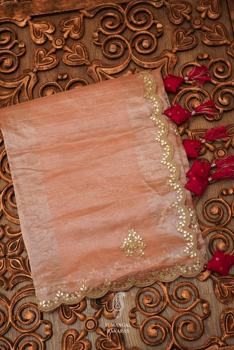 Salmon Pink Organza Saree And Cherry Red Blouse With Gota Patti Embroidery