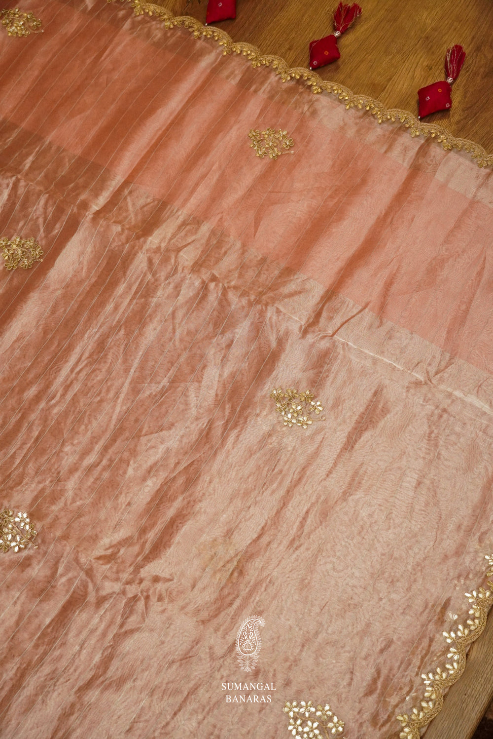 Salmon Pink Organza Saree And Cherry Red Blouse With Gota Patti Embroidery