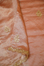 Salmon Pink Organza Saree And Cherry Red Blouse With Gota Patti Embroidery