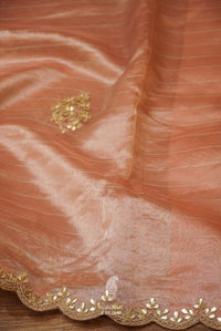 Salmon Pink Organza Saree And Cherry Red Blouse With Gota Patti Embroidery