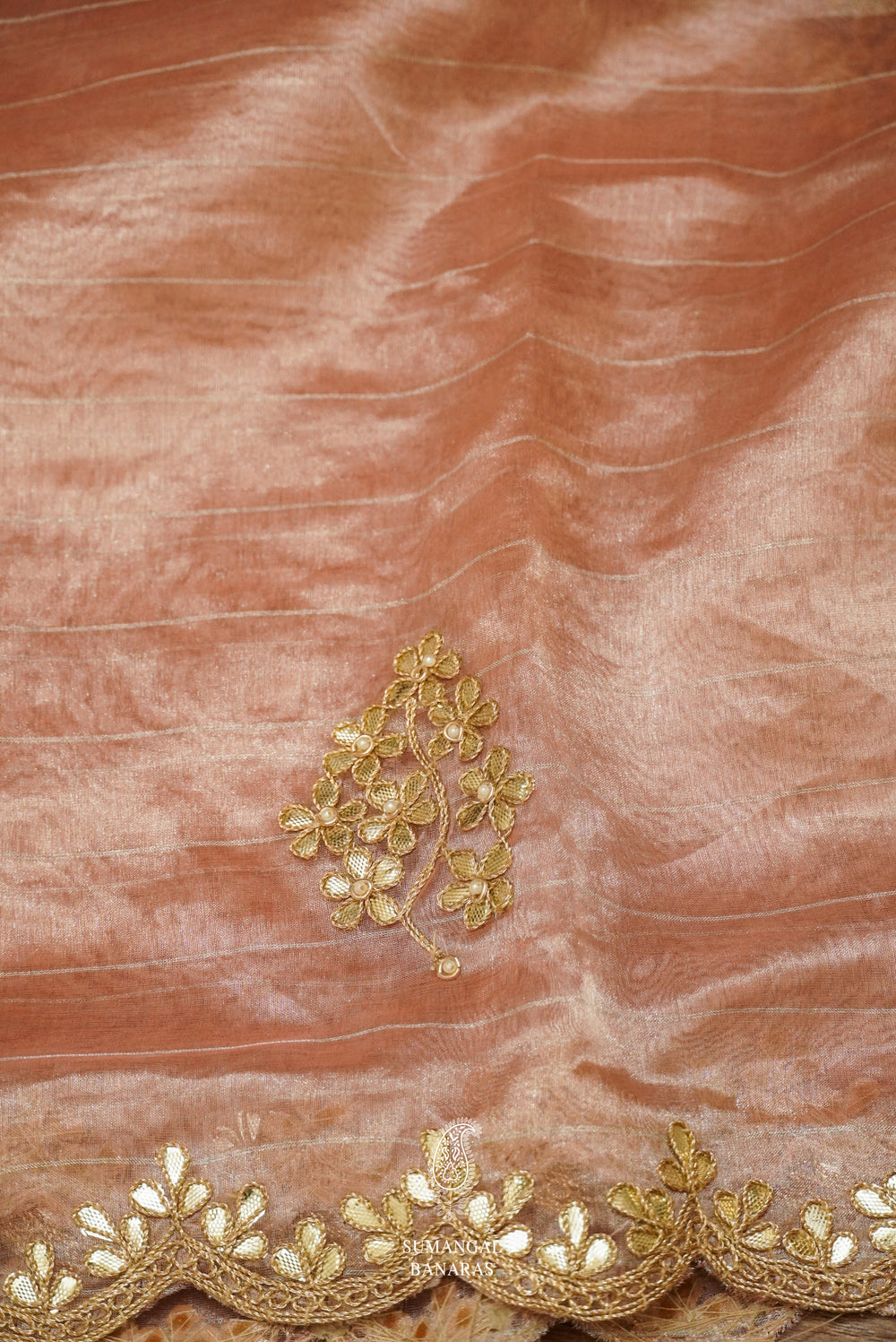 Salmon Pink Organza Saree And Cherry Red Blouse With Gota Patti Embroidery
